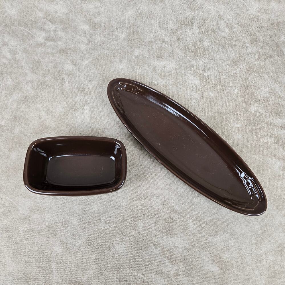Longaberger Pottery Woven Traditions Dishes in Chocolate Brown Olive Dish
